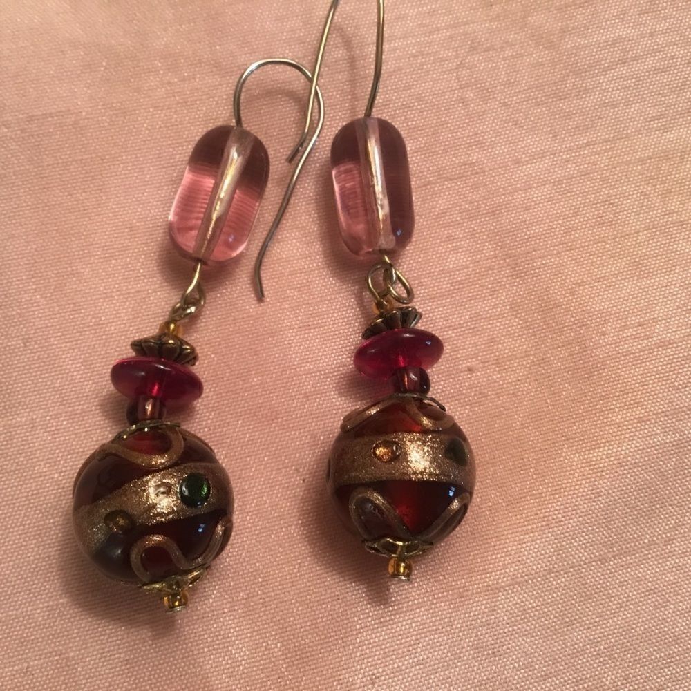 Goldtone Ear Wires w/Red Lamp Work Beads - Picture 1 of 6